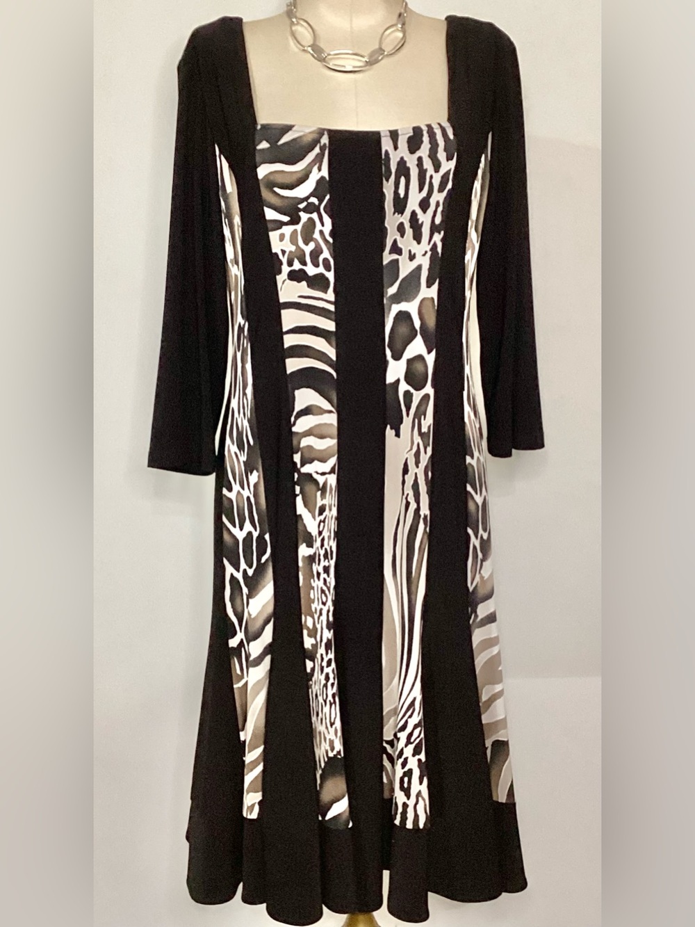 NueVa Black & Animal Print Panel Dress with Square Neck Sz 8